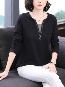 Loose Long Sleeve V-Neck T-Shirt for Women Autumn Fashion Black Base Shirt Fake Two-Piece Trendy Top Korean Style Commute Wind