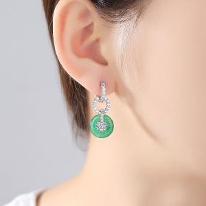 SEQUITO Chinese Style Women Green Stone Inlay White AAA Synthetic Zirconia Pendant Hoop Drop Earrings Banquet Clothes Silvery Jewlery SE981