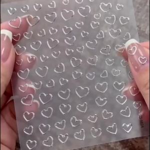1/2Pcs 5D Silver Hollow Love-Heart Nail Stickers Minimalist Metallic Lines Heart Nails Decals Self-adhesive Love Manicure Slider