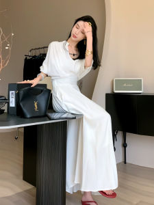 Elegant V-neck Batwing Sleeve Midi Dress Womens Summer Retro Hepburn High Waist Over-knee Korean Style A-line Dress