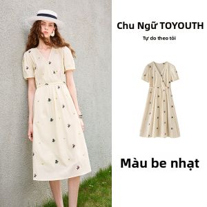 Toyouth | Đầm Trà Bông Cổ V Tay Bồng Thêu Pháp