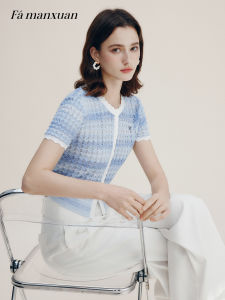 FAMANXUAN | French Style Blue Stripes Gradient Hollow Out Knitted Top