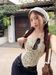 Spicy Girl Style Tie-Dye Retro Print Crop Top Womens Summer French Asymmetrical Sleeveless Vest Fashionable Slim Fit Bandage