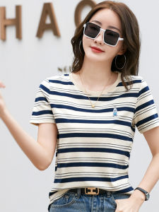 Korean Style Striped Cotton Short Sleeve T-Shirt Womens Summer Casual Embroidered Bear Loose Top Breathable Sweat Absorbent