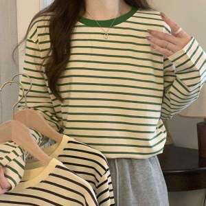 Womens round Neck Long Sleeve T-Shirt Striped Loose Slimming Casual Base Shirt Spring Autumn Fashion New Arrival
