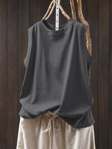Pure Cotton Oversized Simple Vest Top Summer New Casual Slimming T-Shirt Artistic Loose round Neck Sleeveless Womens Fashion