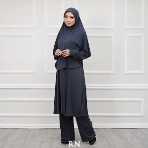 MARISSA SUIT 9 - Suit Muslimah Labuh Jubah Seluar Baju Blouse + Loose Pant Haji Umrah Moss Creepe Tak Perlu Gosok Anti Iron Size XS-3XL Nursing Friendly Berpoket Jubah Mesra Travel Ready Solat Jubah Muslimah Hitam Putih Navy Blue Black Grey