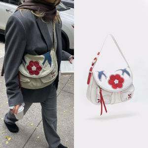 Retro Embroidered Saddle Bag Soft Surface Single Shoulder Crossbody Bag Floral Pattern Casual Youth Handbag Korean Style