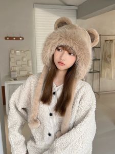 หมวกไหมพรมถักหนา ทรงสุนัขจิ้งจอกน่ารัก สำหรับผู้หญิงในฤดูใบไม้ร่วงและฤดูหนาว หมวกไหมพรมถักแบบสวมหัวสำหรับผู้หญิง หมวกไหมพรมถักแบบหนา