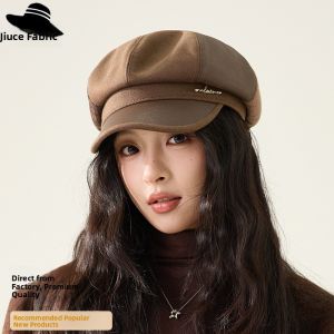 Korean Style Plaid Color Block Beret Hat Womens Autumn Winter Versatile Face Slimming British Retro Painter Octagonal Hat