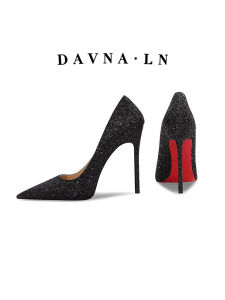 DAVNA`LN Pointed Toe High Heels Womens New 2025 Black Sequin Slim Heel Single Shoes Evening Elegant Genuine Leather Womens Shoes