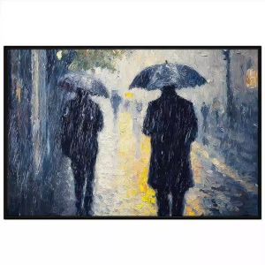 Tranh trời mưa phong cảnh người đàn ông che dù đi trên đường phố chiều mưa nặng hạt.Tranh treo tườngdán tường.CGI-1216