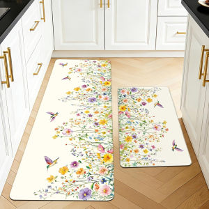 VIKAMA Mediterranean French Lemon Kitchen Rug Set Non-Slip Absorbent Oil-Proof Runner Carpet for Home Floor Living Room Decor