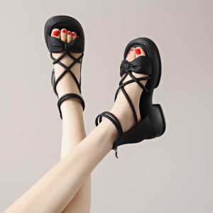 Womens Roman Style Sandals Thick Heel Strap Cross Buckle Low Cut PU Leather Roman High Heels Summer Fashion Trend