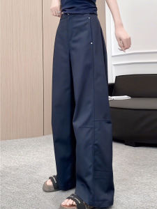 กางเกงขายาวทรงหลวมเอวสูงสำหรับผู้หญิง ทรงเข้ารูป กางเกงขายาวทรงกลวง เอฟเฟกต์กระชับสัดส่วน สีน้ำเงินเข้ม กางเกงขายาวทรงหัวลูกแพร์ ฤดูใบไม้ร่วง 2025