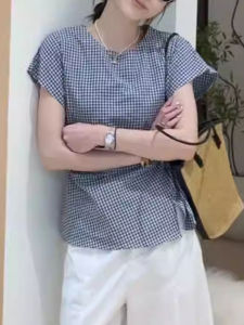 Shalldoer | Korean Style Round Neck Plaid Design Sensation Flying Sleeve Shirt Womens Summer New Lazy Commute Top Casual Straight Cut Short Sleeve Polo Shirt