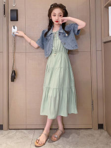 Girls Summer Floral Dress Short Sleeve Denim Jacket Set Childrens Clothing Casual Style Two-Piece Outfit for School And Gifts