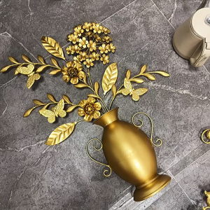 3D Metal Vase Flower Wall Art Set Golden Floral Decor for Living Room Bedroom Kitchen Office Garden - Modern Farmhouse Home Decor & Housewarming Gifts