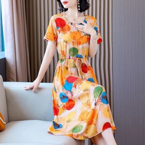 ชุดเดรสยาวปานกลางผ้าไหมฝ้ายแบบสวมใส่สบายสำหรับฤดูร้อน ชุดแม่ กระเป๋า กระโปรงทรงเอ แขนยาว ปักลาย หมุดผูกคอ ชุดทำงาน