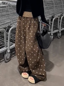 MANMI | Korean Style Loose Drapey Floral Coffee Brown Straight Leg Pants
