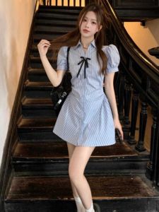 Summer Stripe Shirt Dress Set College Style Two-Piece Suit Korean Version Bubble Sleeve A-Line Skirt Short Pants Outfit