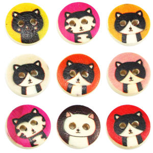 (100 pcs/pack) 15mm Wide Wooden Cat Pattern Button Printing Cartoon Clothing Sewing Accessories Handmade Decoration Cat Clothes Toy Decoration