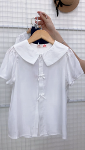 Áo Sơ Mi Cộc Tay Bé Gái Riomio Vải Đũi 3M Mềm Mát Thiết Kế Cổ Ren Thêu Trắng Size 6/7–10/11 (25–42kg) RAG1203