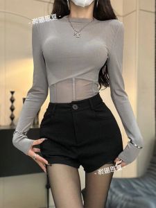 Áo Thun Dài Tay Nữ Dáng Ôm Mùa Thu Đông Cổ Tròn Màu Trơn Lưới Cạp Chun Áo Lót Khoét Xương Cá Nhân Hóa Thời Trang Công Sở Thường Ngày