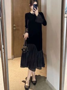 Hebe Style Elegant Black Splice Long Sleeve Dress Womens plus Size Slimming Skirt Autumn New Arrival A-Line Dress