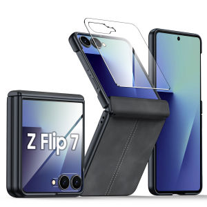 Ốp Lưng Samsung Galaxy Z Flip 7 Kèm Miếng Dán Màn Hình 9H Bản Lề Từ Tính Màu Xanh Lá Chất Liệu Da Hỗ Trợ Sạc Không Dây