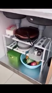 2-Tier Expandable Under Sink Storage Shelf Rack Organizer With Adjustable Length & Height | Fully Adjustable | Kitchen Shelves | Kitchencaresg