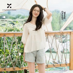 XIANGYING | White Cotton-linen Womens Blouse Short Sleeves
