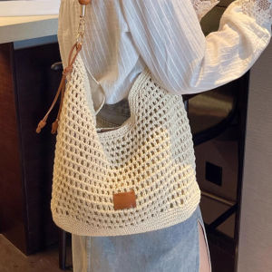 Womens Large Capacity Straw Woven Tote Bag Commuter Bag Single Shoulder Bag Sweet Cool Style Soft Handle Magnetic Buckle Closure