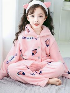 ชุดนอนเด็กผ้าฟลานเนลคอร์สเกิร์ตหนาสำหรับฤดูใบไม้ร่วงและฤดูหนาว ชุดนอนเด็กชายและเด็กหญิง ชุดนอนเด็ก ชุดนอนเด็ก