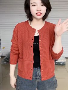 เสื้อคาร์ดิแกนถักแขนยาวคอตั้งผ้าฝ้ายลินินสีพื้นสำหรับผู้หญิงในฤดูใบไม้ผลิ 2024 ทรงหลวม ปกติ ปกติ ปกติ