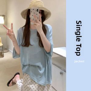 YUEZHONGWEI | White Round Neck Ice Silk Knitted Short Sleeve T-Shirt Women Summer Loose Fit Half Sleeve Body Shirt Korean Style Top