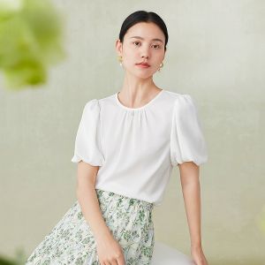 White Lace Shirt Princess Sleeve Texture round Neck Womens Top Fashionable Commute Style Polyester Blend Short Sleeve