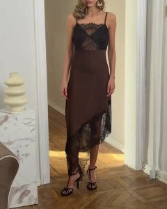 "Womens Brown Satin Slip Dress with Black Lace Trim Spaghetti Strap Asymmetric Hem Elegant Evening Party Dress