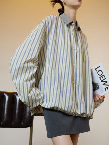 Spliced Lapel Stripe Casual Loose Versatile Commuter Shirt
