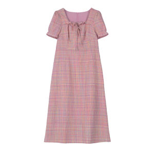 Nanxuedi Fashion Plaid A-Line Dress Women Summer plus Size Conceal Meat Slimming Midi Skirt Commute Style Polyester Cotton Blend