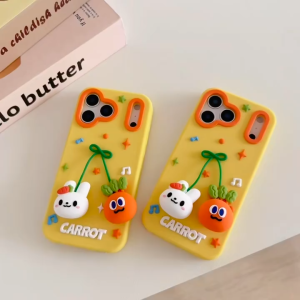 Cartoon Rabbit Radish Pendant Silicone Phone Case for iPhone 13 14 15 16 17 Pro Max Casing Soft Silicone Cover for iPhone 17 Pro Max Case