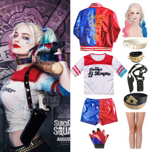 Adult Harley Quinn Costume Cosplay Women Clothing Embroidered Suicide Squad Jacket T-shirt Shorts Belt Collar Set