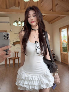 Váy Ngắn Chữ a Màu Trắng Không Tay Cổ Chữ U Mùa Hè Thanh Lịch Cho Nữ Váy Ngắn Viền Ren Phong Cách Ballet Váy Chữ a