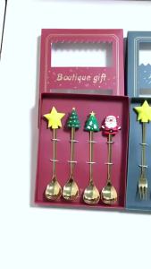 XMSJ | 4Pcs Christmas Stainless Steel Spoon Fork Set Santa Tree Star Dessert Coffee Stirring Flatware Holiday Party Tableware Gift Box
