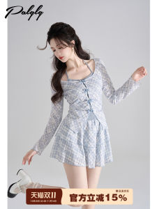 Elegant Blue Plaid French Style Long Sleeve Womens Top And Mini Skirt Two-Piece Set Spring Fashion Korean Small Size Trendy