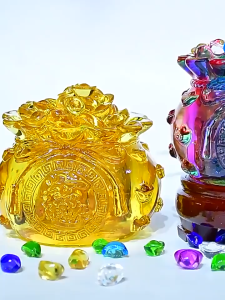 【SG Stock】Fengshui Glazed glass Liuli Treasure Bowl fortune wealth bag with Caishen god Money Frog yuan bao Gold Bars