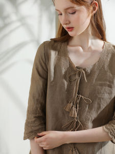 Miccbeirn | French Vintage Heavy Embroidery Lin Dress Tassel Short Sleeve Khaki Color Straight Tube Skirt Elegant Round Neck Loose Waist Summer Dress