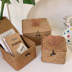Honey Sauce * Ins Style Bear Desktop Storage Box Willow Rattan Woven Straw Basket Dustproof with Cover Sundries Basket Hand Gift Box