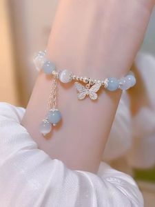 [Sea Salt Butterfly] Natural Aquamarine Opal Tassel Bracelet Female New Chinese Hand Jewelry Butterfly Bracelet