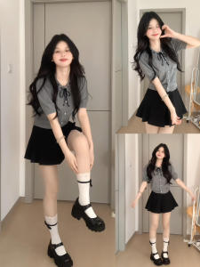 Summer Fashion Knitted Set Womens School Style Butterfly Knot Short Sleeve Polyester Skirt Two-Piece Suit 18-25 Years Old